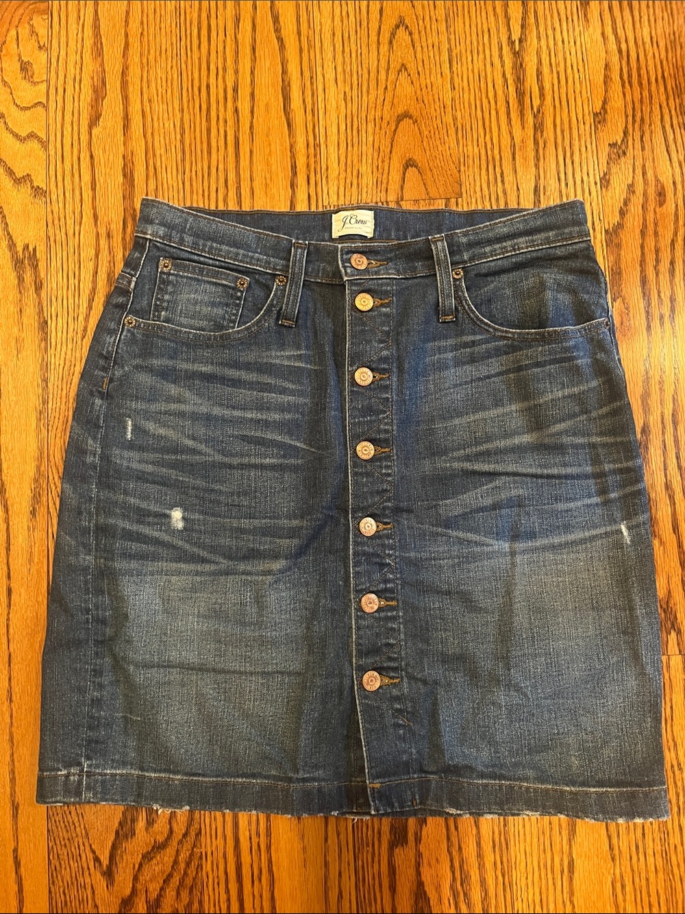 J. Crew Distressed Button-Front Denim Skirt in Dark Blue